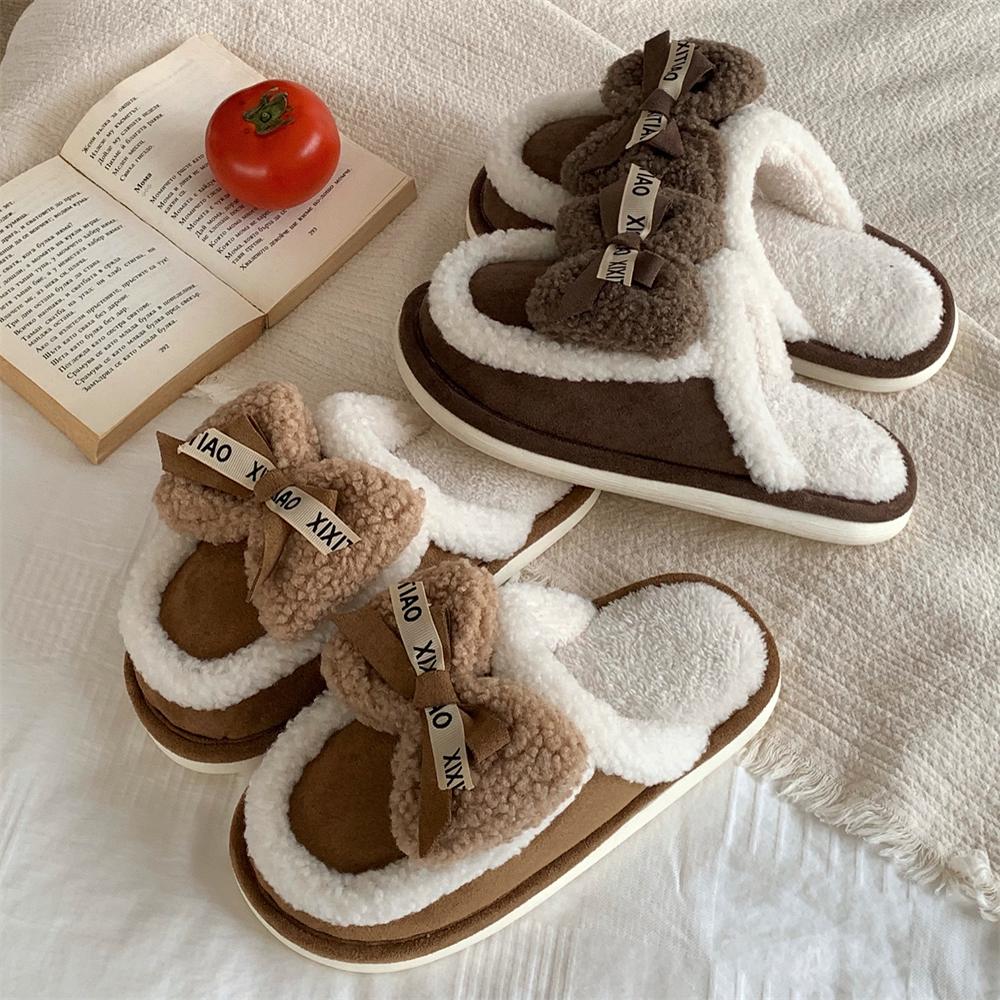 细细条 复古蝴蝶结棉拖鞋女秋冬韩系ins时尚家居保暖毛绒绒月子鞋 - 图1