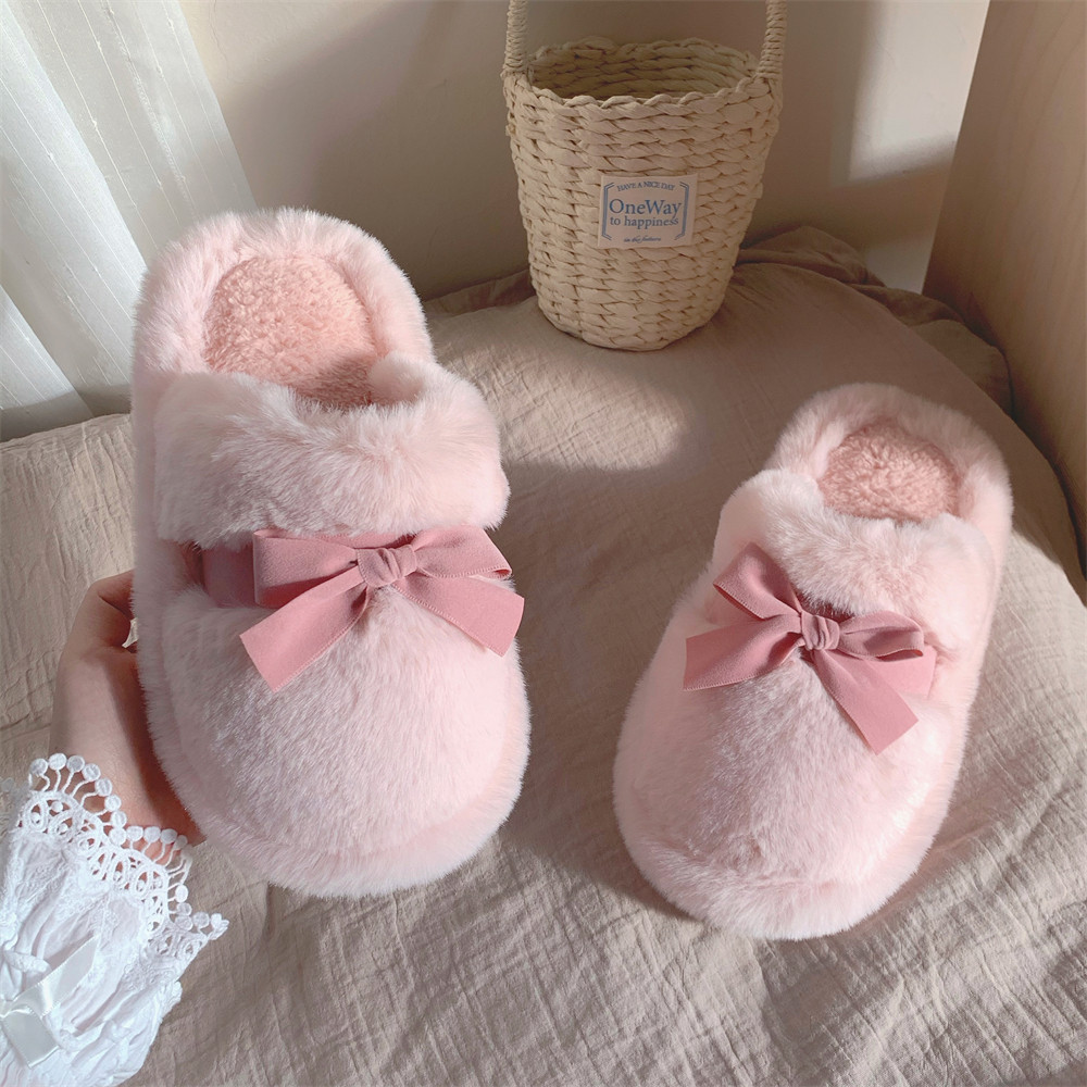 细细条 室内休闲防滑秋冬网红毛毛拖鞋韩系蝴蝶结仙女风棉拖鞋女,淘宝优惠券,粉丝福利购,淘宝优惠卷
