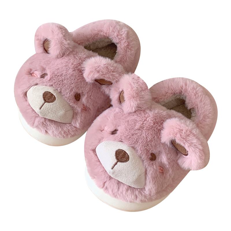 细细条 毛绒儿童棉拖鞋冬季可爱小熊男童女童包跟保暖亲子家居鞋 - 图3