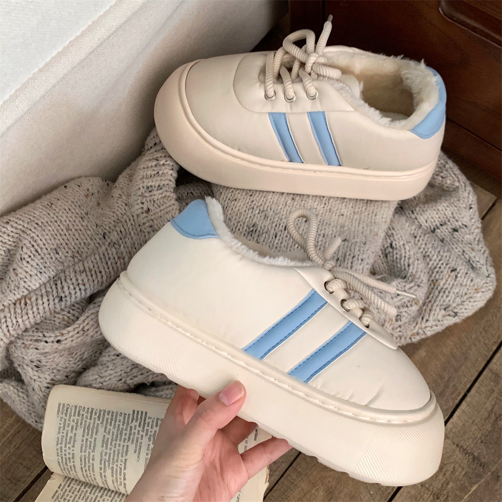 细细条 复古双杠小白鞋女冬季加绒加厚底保暖百搭休闲板鞋棉鞋ins,淘宝优惠券,粉丝福利购,淘宝优惠卷