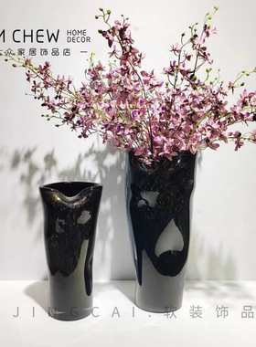 黑色花瓶果盘套装样板间售楼处客厅软装家居饰品摆件高档艺术精品