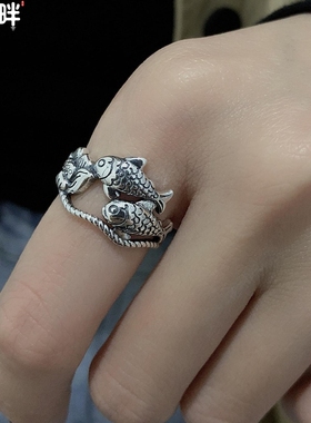 锦河畔 s925纯银复古做旧民族风古风锦鲤莲花镂空个性开口戒指女