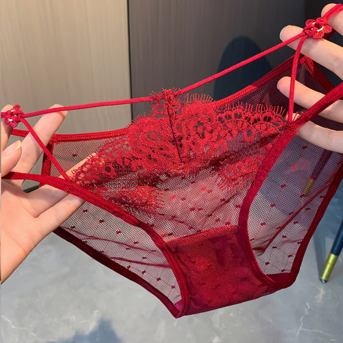 法式镂空红色内裤女士本命年喜庆性感2026新款高级纯欲网纱三角裤 - 图3
