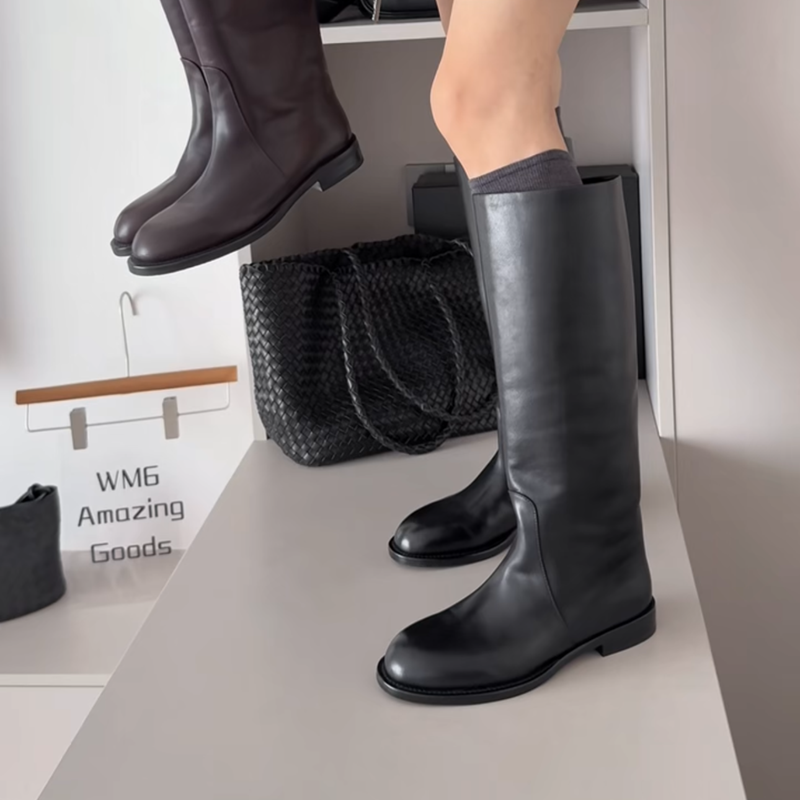 WM6 真皮女靴骑士靴裸靴套筒靴2025年秋冬新款平底圆头高筒马丁靴,淘宝优惠券,粉丝福利购,淘宝优惠卷