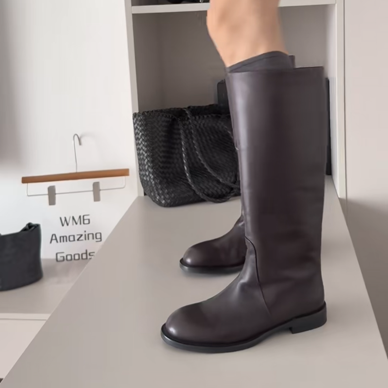 WM6 真皮女靴骑士靴裸靴套筒靴2025年秋冬新款平底圆头高筒马丁靴,淘宝优惠券,粉丝福利购,淘宝优惠卷
