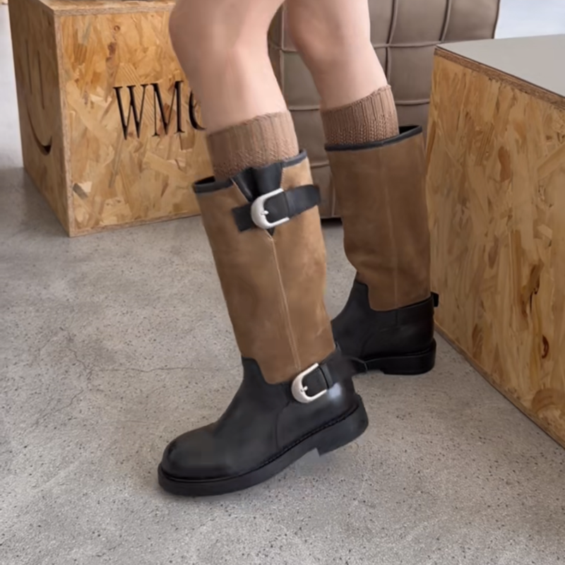 WM6 真皮女靴拼色皮带扣马丁靴2025年冬季新款套筒中筒圆头骑士靴,淘宝优惠券,粉丝福利购,淘宝优惠卷