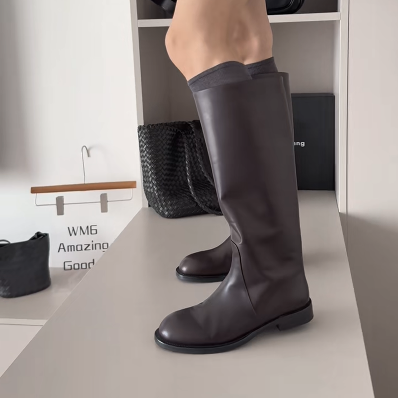 WM6 真皮女靴骑士靴裸靴套筒靴2025年秋冬新款平底圆头高筒马丁靴,淘宝优惠券,粉丝福利购,淘宝优惠卷