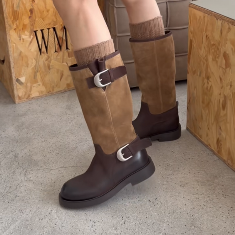 WM6 真皮女靴拼色皮带扣马丁靴2025年冬季新款套筒中筒圆头骑士靴,淘宝优惠券,粉丝福利购,淘宝优惠卷