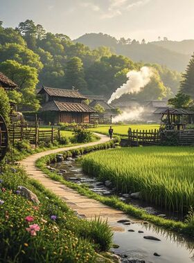 仿真田园生活小河边的水车风景贴纸画门窗餐厅厨房卧室不干胶贴纸