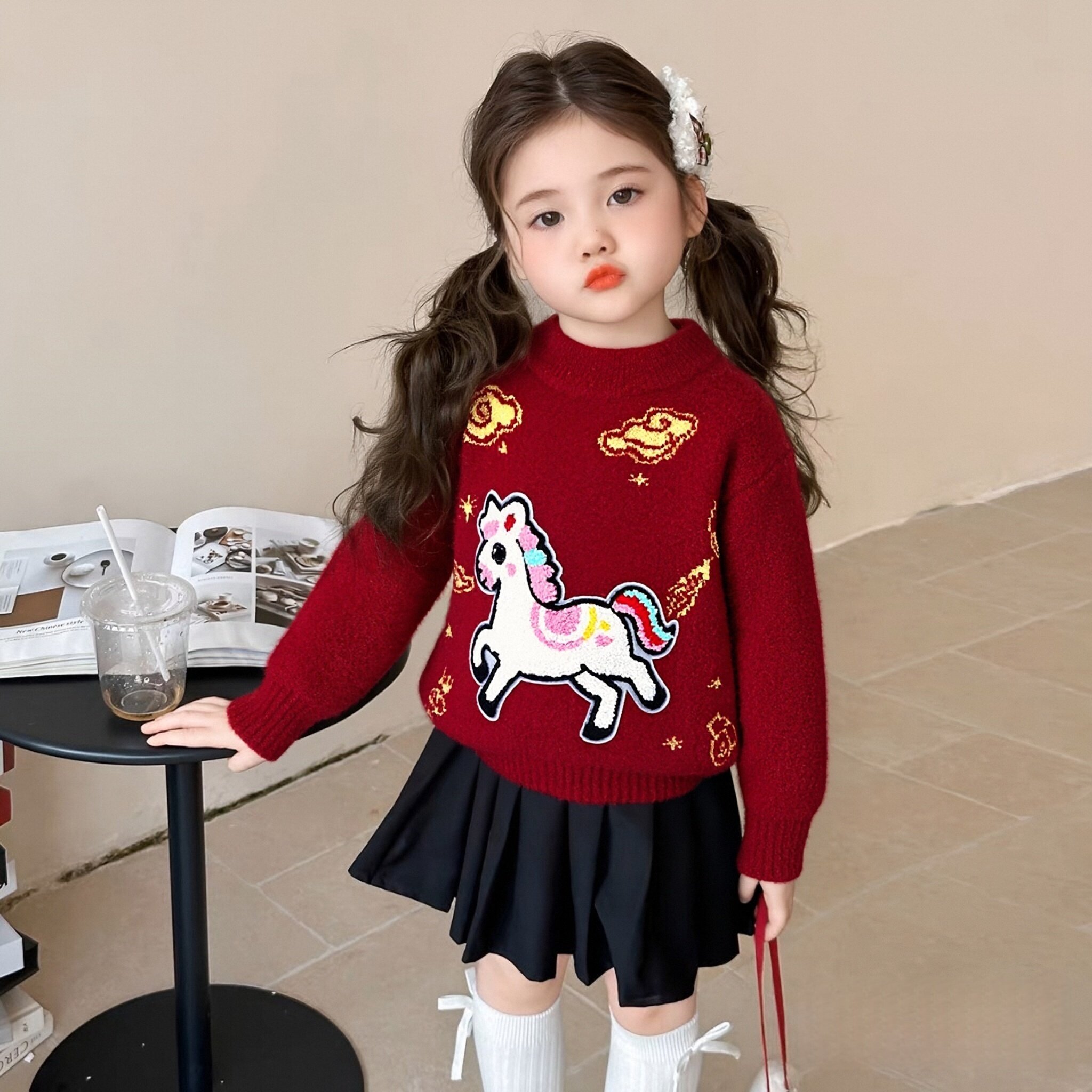 2025女童红色加绒加厚针织衫毛衣新年水貂绒男童洋气保暖秋冬上衣,淘宝优惠券,粉丝福利购,淘宝优惠卷