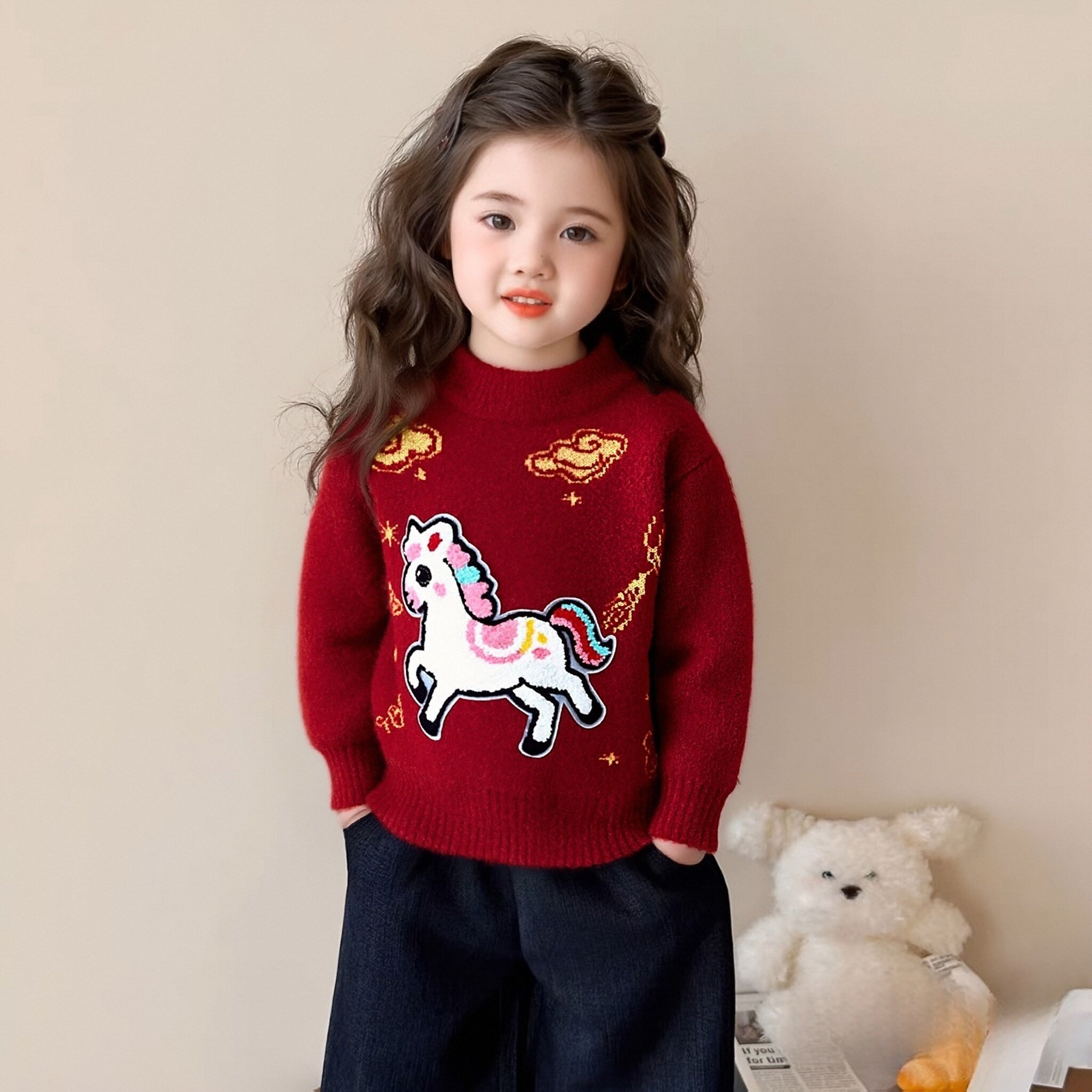 2025女童红色加绒加厚针织衫毛衣新年水貂绒男童洋气保暖秋冬上衣,淘宝优惠券,粉丝福利购,淘宝优惠卷