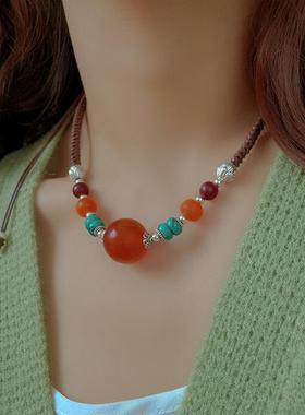 复古民族风松石蜜蜡锁骨链项链女好运珠手工编织老蜡饼毛衣链挂件