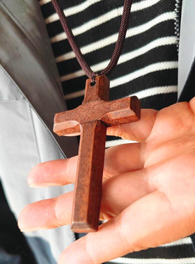 文艺范木质十字架挂饰毛衣链包邮