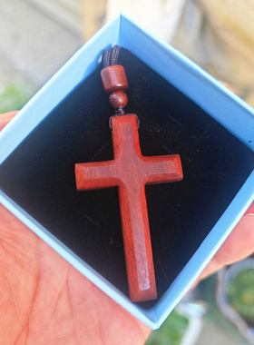 原创雕刻磨边檀木十字架吊坠项链