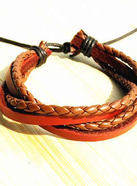 韩版复古英伦风多层手工编织皮绳