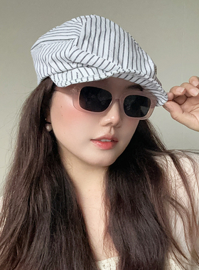 ［大头阿枝］2025新款翘檐贝雷帽女小众条纹画家帽褶皱两戴前进帽