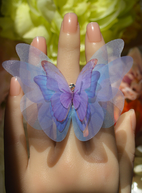 仿真蝴蝶立体紫蝴蝶戒指可调节原创设计小众薄纱轻盈指环主播网红