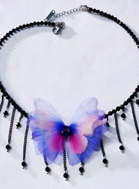 原创小众款黑色水晶项圈蝴蝶结小水晶脖子链子项链流苏锁骨链超仙