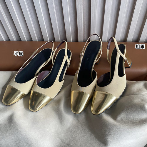 【离不凡】2025早春新款圆头小香风拼色金属布面粗跟细带平底凉鞋 - 图0