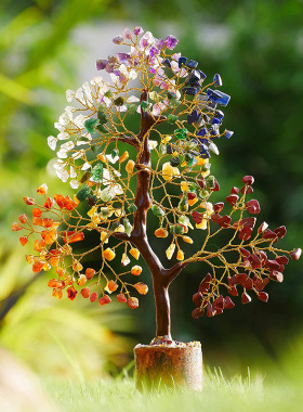 天然水晶七彩碎石发财树实木摆件家居桌面装饰摇钱树摆设