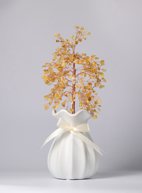 天然水晶发财树七彩碎石生命树粉水晶原石底座桌面装饰水晶树摆件