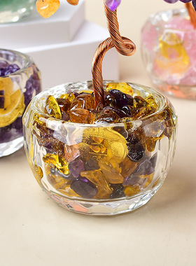 水晶发招财树家居办公室桌面摆件玻璃缸水晶碎石发财树