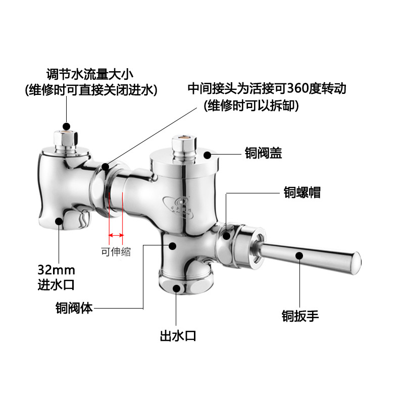 日新脚踏式冲水阀卧式可伸缩大小便池厕所延时阀蹲便器冲洗阀全铜