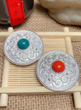 S925纯银吊坠配件蒙古元素服饰配件头饰镶嵌仿珊瑚松石掐丝工艺
