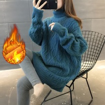 Pregnant woman High collar sweater Women in winter thickened with velvet 2023 new loose outside wearing a lazy wind in a long style of knitted sweatshirt