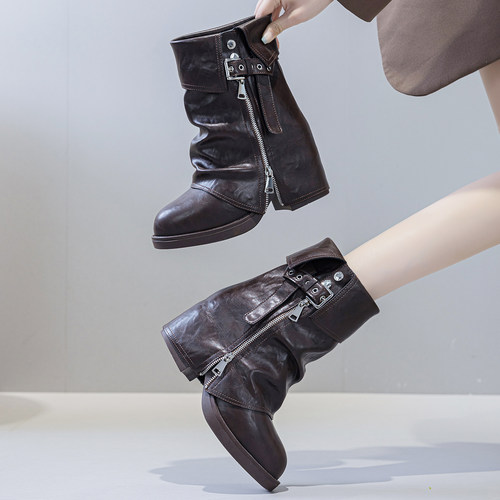 2025秋单靴12cm内增高复古小个子厚底震地王马丁裤管靴女潮流短筒 - 图2