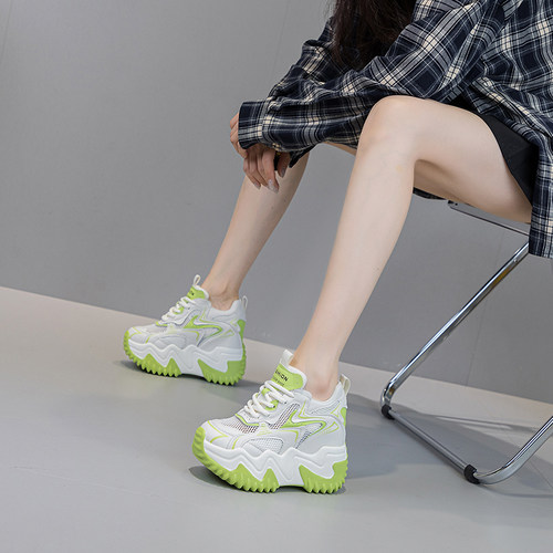 震地王老爹鞋女2026春夏12cm英伦网红ins内增高厚底运动镂空网鞋 - 图1