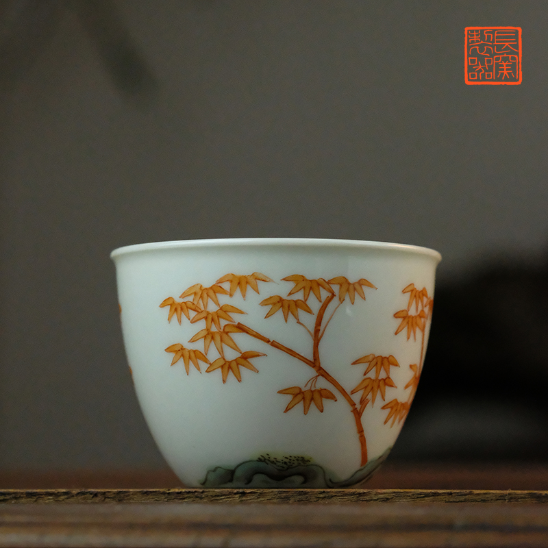 长窑制器 长物居景德镇手绘矾红竹纹灵芝盖碗茶杯茶具套组品茗杯