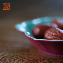 Long kilns controller Long living outside caramels red inner pine stone green glazed six-petal flower opening small pan Jingdezhen ceramic fruit tray dish