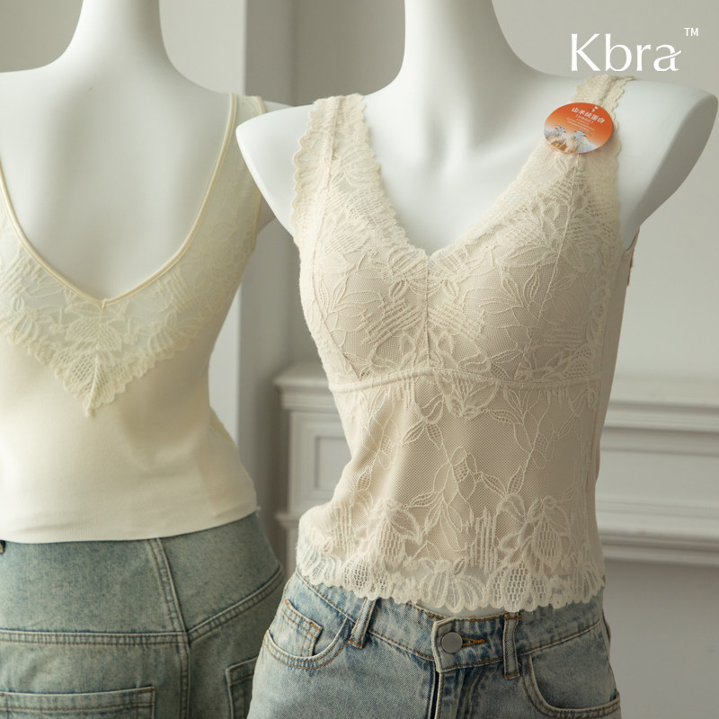 Kbra加绒保暖背心女蕾丝V领带胸垫美背发热内搭冬胸罩一体式内衣,淘宝优惠券,粉丝福利购,淘宝优惠卷