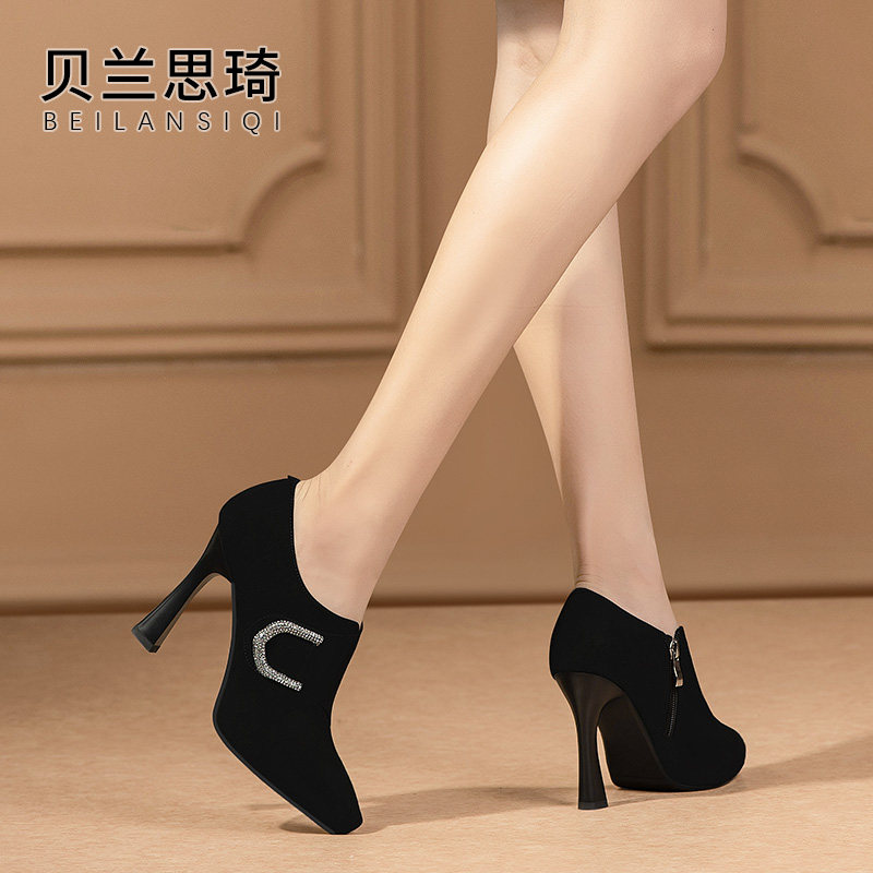 磨砂真皮水钻尖头深口细跟单鞋女2025春秋季新性感防水台高跟鞋,淘宝优惠券,粉丝福利购,淘宝优惠卷