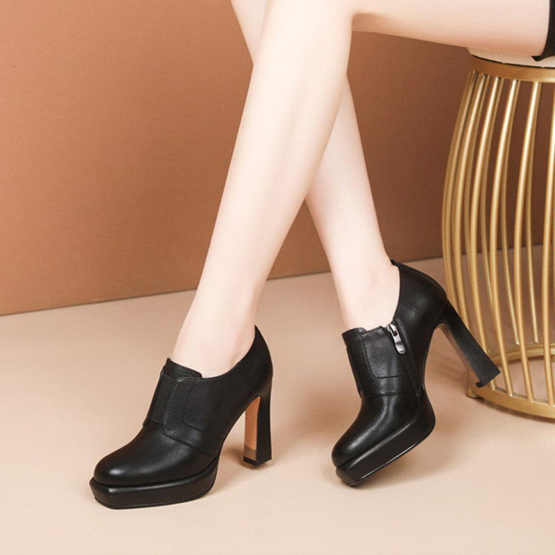 真皮复古方头厚底粗跟单鞋女春秋季新款深口防水台高跟鞋,淘宝优惠券,粉丝福利购,淘宝优惠卷