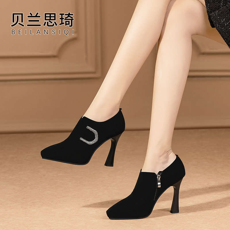 磨砂真皮水钻尖头深口细跟单鞋女2025春秋季新性感防水台高跟鞋,淘宝优惠券,粉丝福利购,淘宝优惠卷