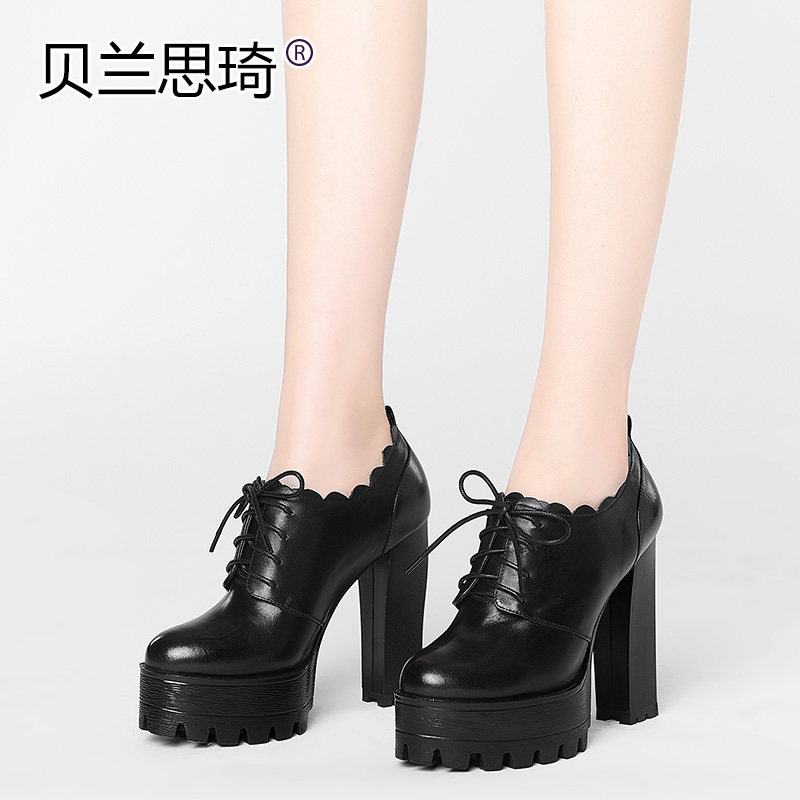 深口单鞋女粗跟真皮圆头厚底系带皮鞋新款春秋季新款防水台高跟鞋,淘宝优惠券,粉丝福利购,淘宝优惠卷