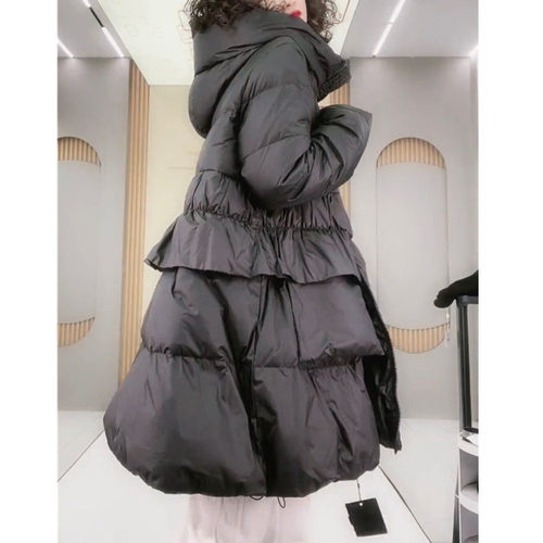 中长款白鸭绒羽绒服女春季2026年新款收腰显瘦吸扣荷叶边连帽外套 - 图1
