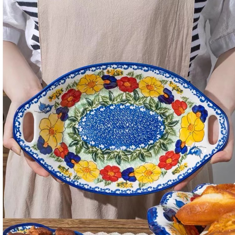 波兰彩陶瓷餐具双耳鱼盘双耳盘饺子盘水果沙拉带耳盘釉下彩家用-图0