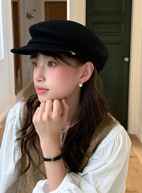 2026新款黑色纯羊毛报童帽女秋冬马术帽八角帽贝雷帽英伦羊毡帽
