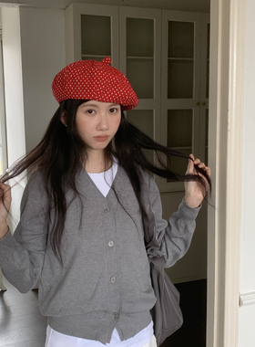 日系复古红波点八角贝雷帽女