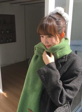 吸睛羊毛混纺绿色围巾女冬季纯色保暖加厚氛围感长款披肩