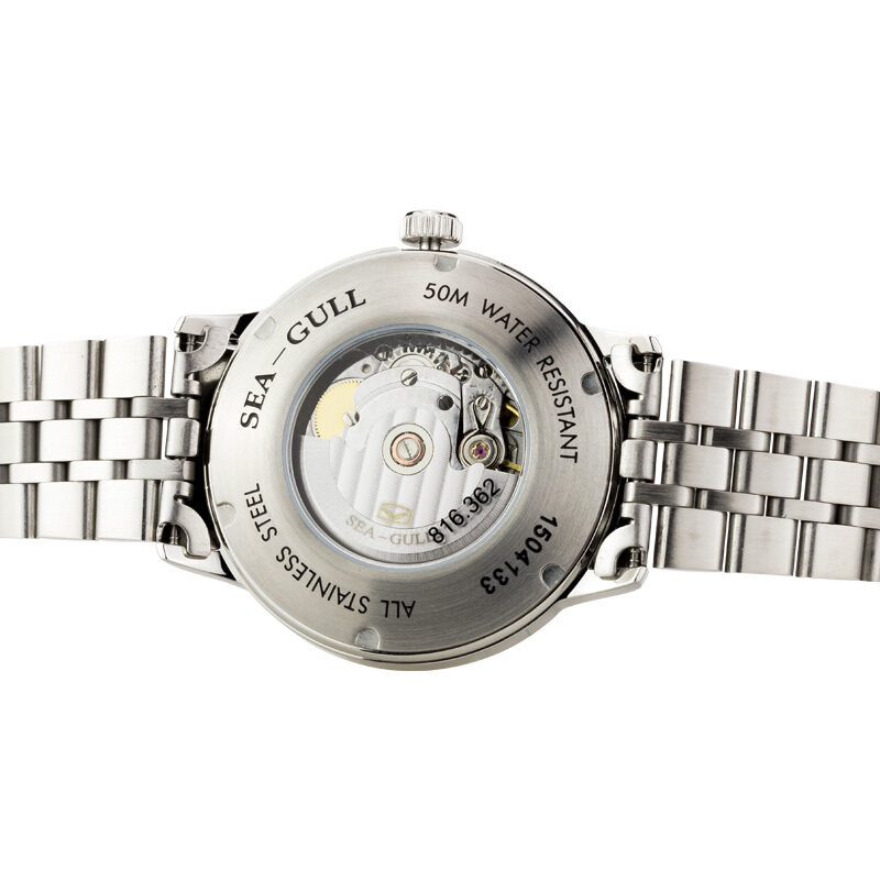海鸥时尚潮流全自动机械女表精钢带日历白盘女士防水腕表816.362L