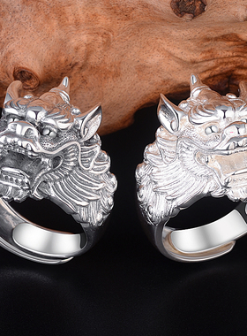 990足银麒麟戒指男食指霸气宽版个性潮单身戒子本命年吉祥礼物