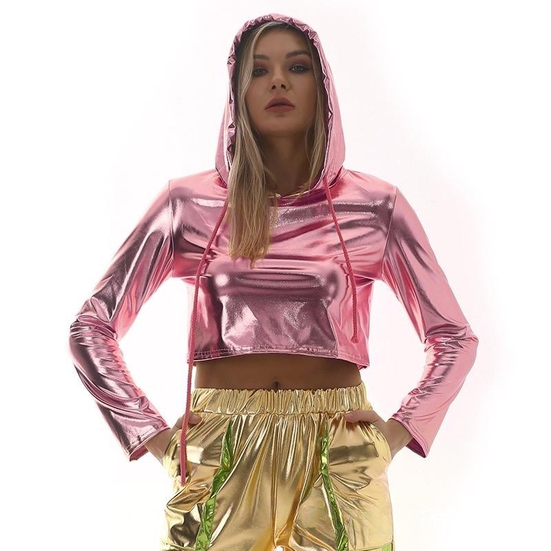 女士银色漆皮短款露脐T恤爵士舞表演服亮皮连帽卫衣宽松长袖上衣,淘宝优惠券,粉丝福利购,淘宝优惠卷