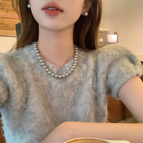 【蜜桃茶】自留!!高级感灰色珍珠项链女款轻奢小众毛衣链颈链配饰 - 图0