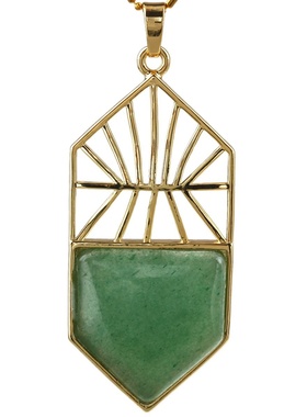 天然水晶石头合金镂空吊坠复古简约几何形金色边框水晶石项链吊坠