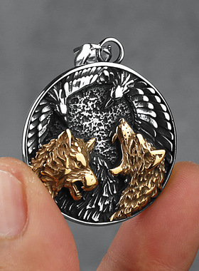 欧美风维京间金双狼乌鸦钛钢吊坠男士时尚个性不锈钢吊坠项链饰品