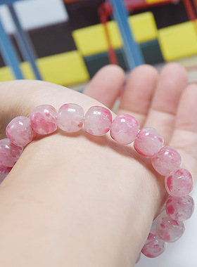 天然水晶玉化蔷薇辉石桶珠手链女玫瑰石粉红色花瓣樱花雨手串饰品